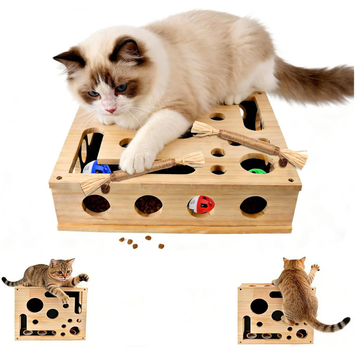 Katzen Krallenpflege Spielzeug, 30*25CM Kratzpuzzle Spielbox Holz Katzen mit 3 Ball 2 Minzstange, In