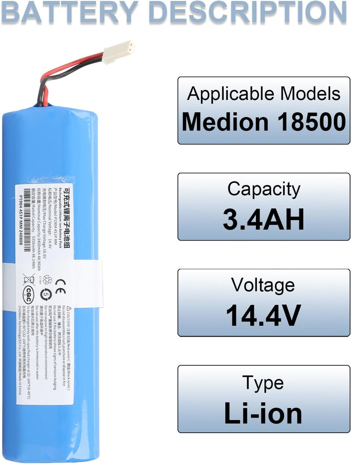 14,4 V 3400 mAh Lithium-Ionen-Akku kompatibel mit Medion MD13202 MD18500 MD18501 MD18600 MD19510 MD1