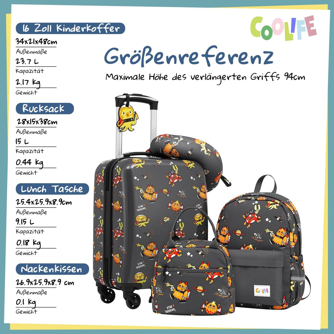 COOLIFE 5tlg Kinderkoffer mit Rucksack, Kindertrolley aus Kunststoff, Kindergepäck, Kinder Kofferset
