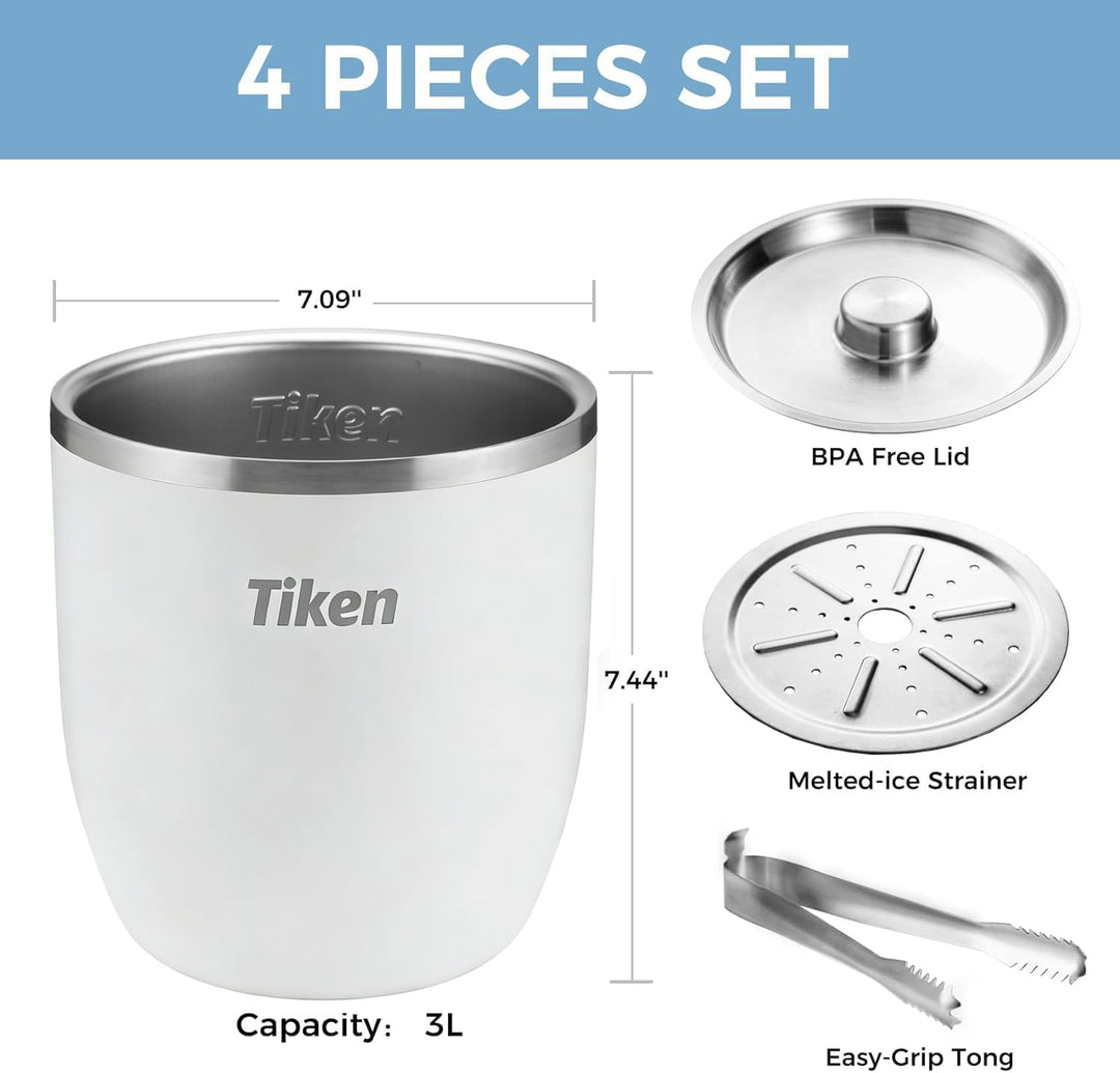 Tiken 3L Edelstahl Eiseimer mit Deckel und Zange Doppelwandiger Vacuum Isolierter Eiskübel Eiswürfel