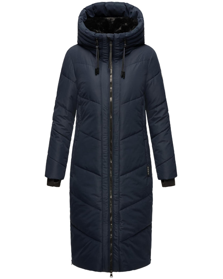 MARIKOO Damen Wintermantel warmer Steppmantel lang mit Kapuze und abnehmbarem Kunstfellkragen Nadare