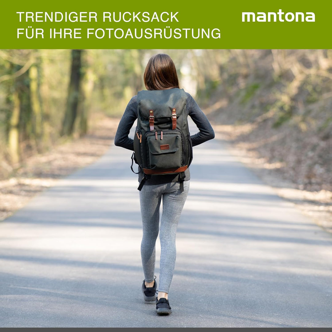 Mantona 21343 Luis Retro Fotorucksack (mit Echtleder-Applikationen, inkl. Regenschutzhülle, flexible
