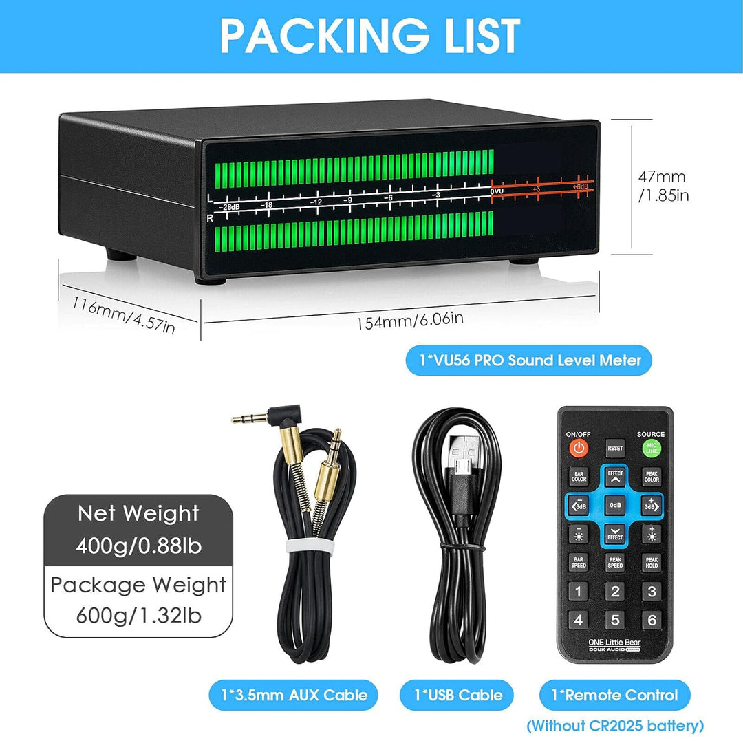 MIC+LINE Zweikanal LED Schallpegelmesser Bildschirmanzeige Musikspektrum Stereo Cinch/3,5 mm AUX Aud