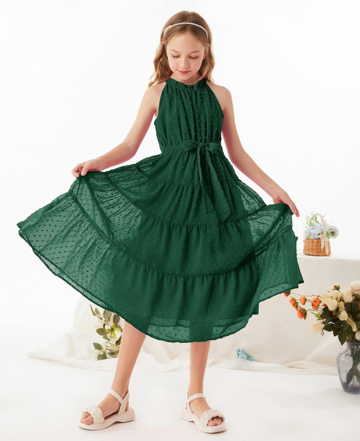 GRACE KARIN Mädchen Prinzessin Kleider Neckholder Swiss Dot Kleid A-Linie Maxikleid Casual Party Fes