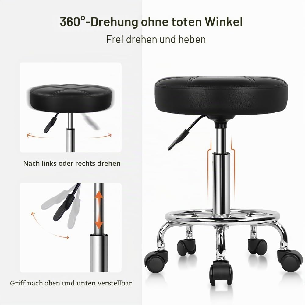 KKTONER Rollhocker Arbeitshocker Barhocker höhenverstellbar 49-64cm drehbar aus Kunstleder Schwarz,