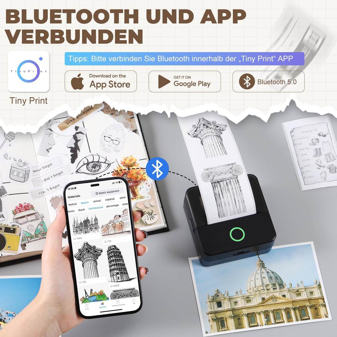 PRAOAHEI Mini Drucker, Tragbarer Fotodrucker mit 20 Rollen Druckerpapier, Bluetooth-Etikettendrucker