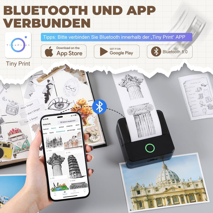 PRAOAHEI Mini Drucker, Tragbarer Fotodrucker mit 20 Rollen Druckerpapier, Bluetooth-Etikettendrucker