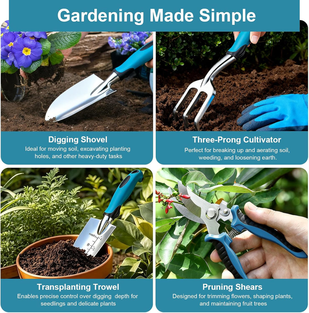 Gartenwerkzeug Set 7-teilig – Robustes Gartengeräte Set aus poliertem Aluminium mit Ergonomischem Gr