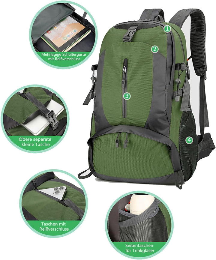 40L Wanderrucksack mit Multi-Taschen-Design leichter Tagesrucksack mit mehreren Organisationsfächern