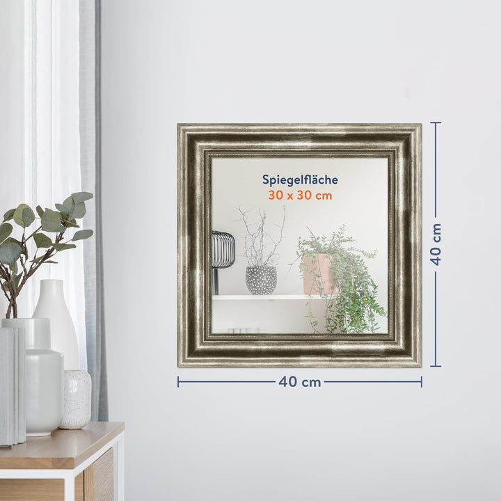 WANDStyle Spiegel Barock und Antik I Aussenmass: 40x40cm I Farbe: Silber I silberner Wandspiegel aus