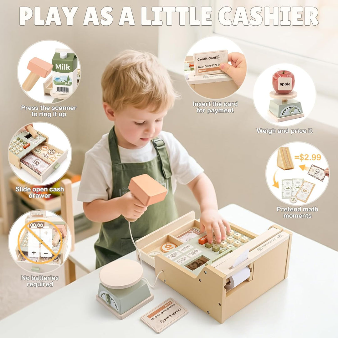 Dreamon Holz Kasse Kinder, Holz Spielkasse Kinderkasse mit Scanner Kaufladen Spielzeug mit Schürze G