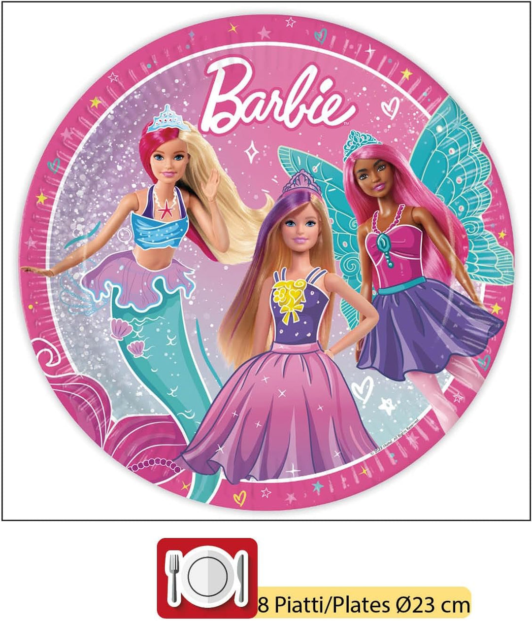 Ciao Partygeschirr Party-Set Barbie Fantasy für 8 Personen (36 pcs: 8 Pappteller Ø23cm, 8 Becher 200