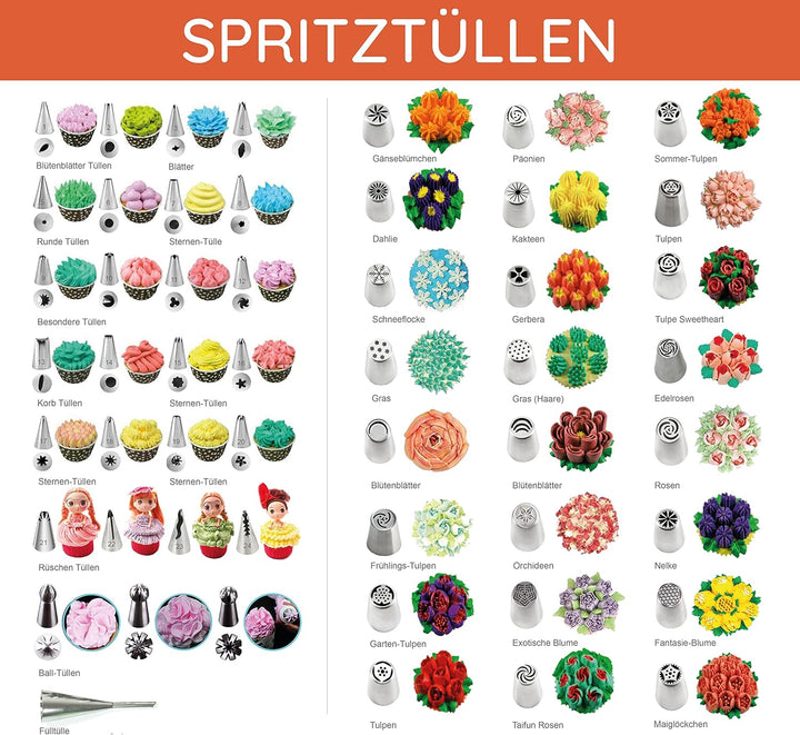 Wenburg Russische Edelstahl Spritztüllen Set: 52 Profi Tüllen - grosse, rüschen, Ball-Aufsätze, Füll