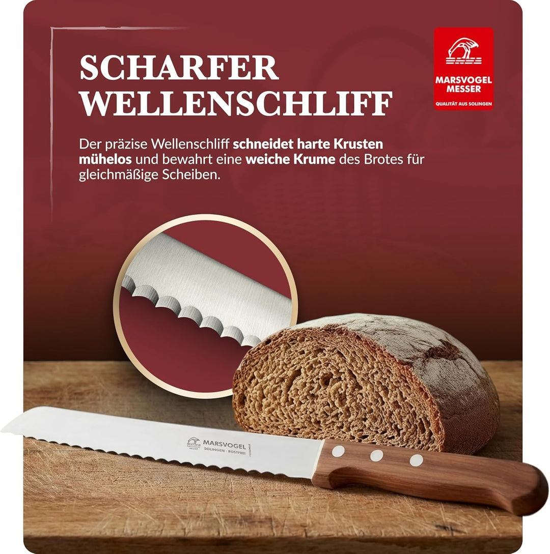 Marsvogel Brotmesser 2,0 mm Rückenstärke mit Welle Made in Solingen Bubinga Bubinga Braun