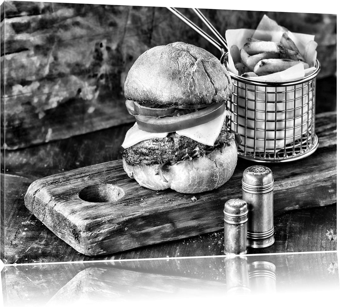 Pixxprint Cheesburger mit Pommes/Format: 100x70cm / Leinwandbild fertig bespannt Wandbild Kunstdruck