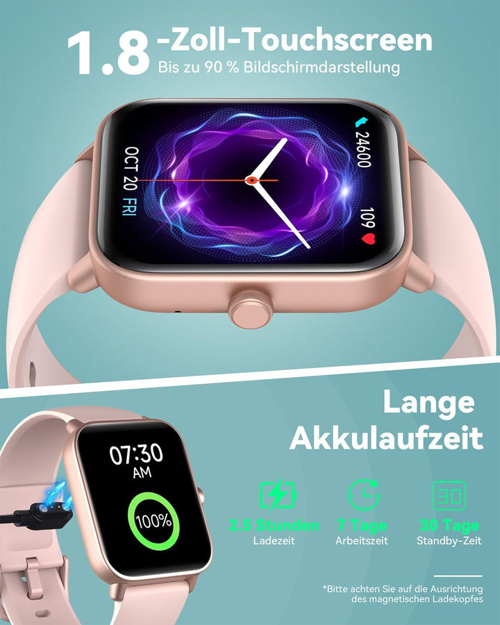 Smartwatch Damen, 1.8" Fitnessuhr Damen mit Telefonfunktion und Alexa Built-in, Herzfrequenz SpO2 St