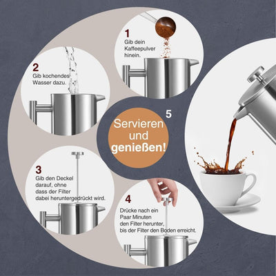 VonShef Edelstahl French Press für 6 Tassen, 800 ml – Doppelwandiger Kaffeebereiter mit Messlöffel/B