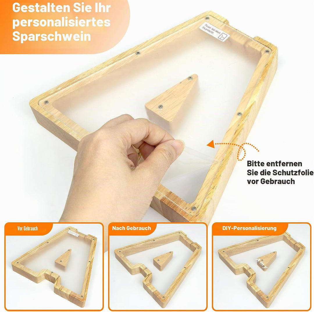 DBPBToU Spardose aus Holz Buchstaben, Sparschwein Durchsichtig für Kinder, Sparbox Personalisierte,