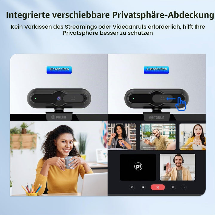 TOALLIN 4K-Webcam für PC, 1080P@60FPS, 1/2,5-Zoll-Sensor, PDAF-Autofokus, integriertes Mikrofon und