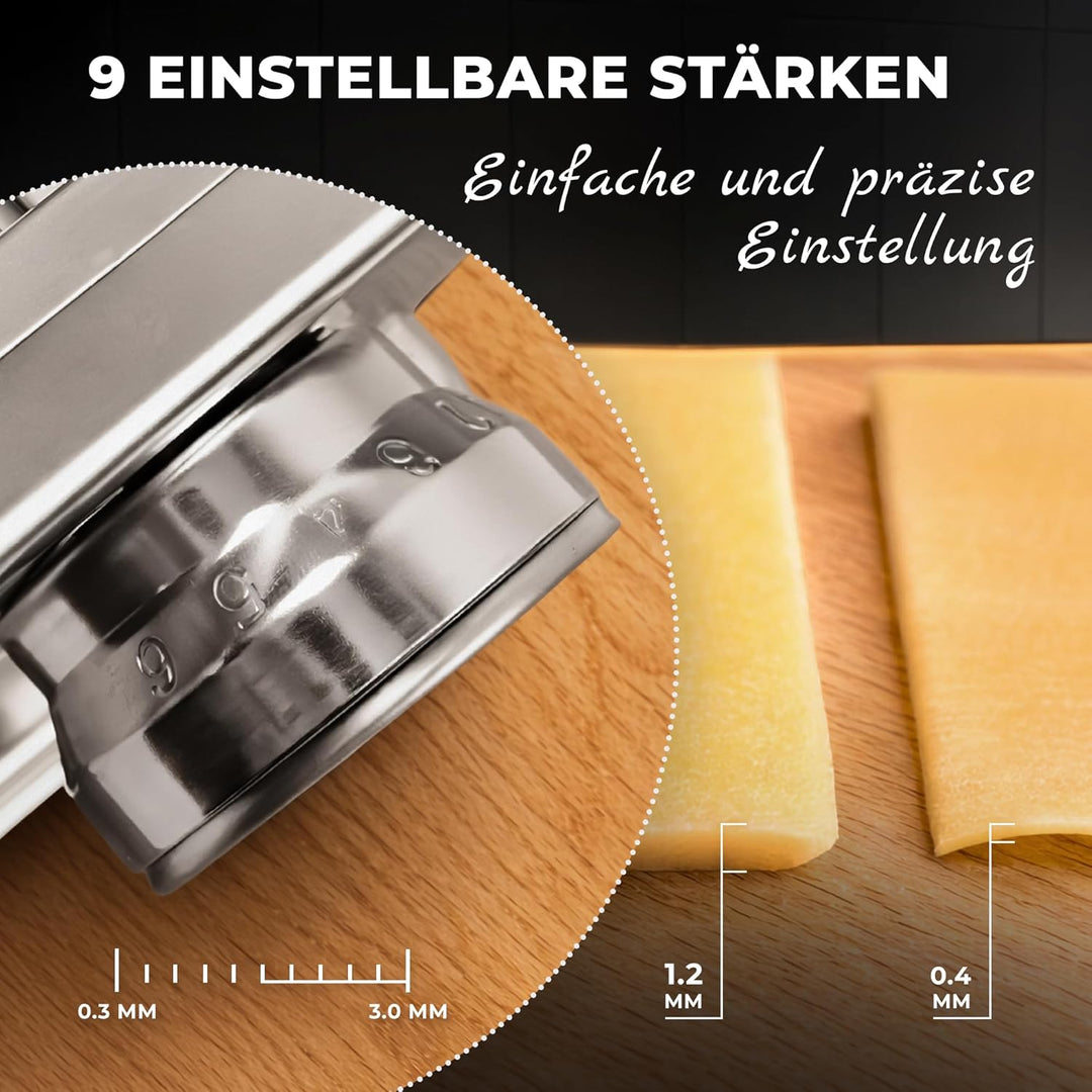 Allyson® Nudelmaschine Manuell Edelstahl – Pastamaschine mit 9 Einstellbaren Stärken &amp; Tischklemme –