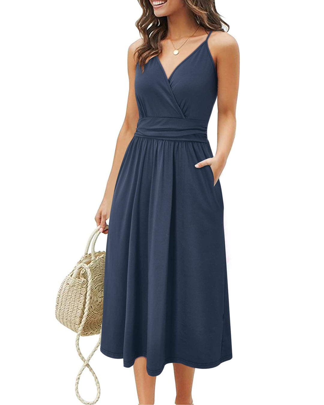 OUGES Kleid Damen Spaghettiträger Sommer Kleider Knielang V-Ausschnitt Strandkleid mit Taschen XXL M