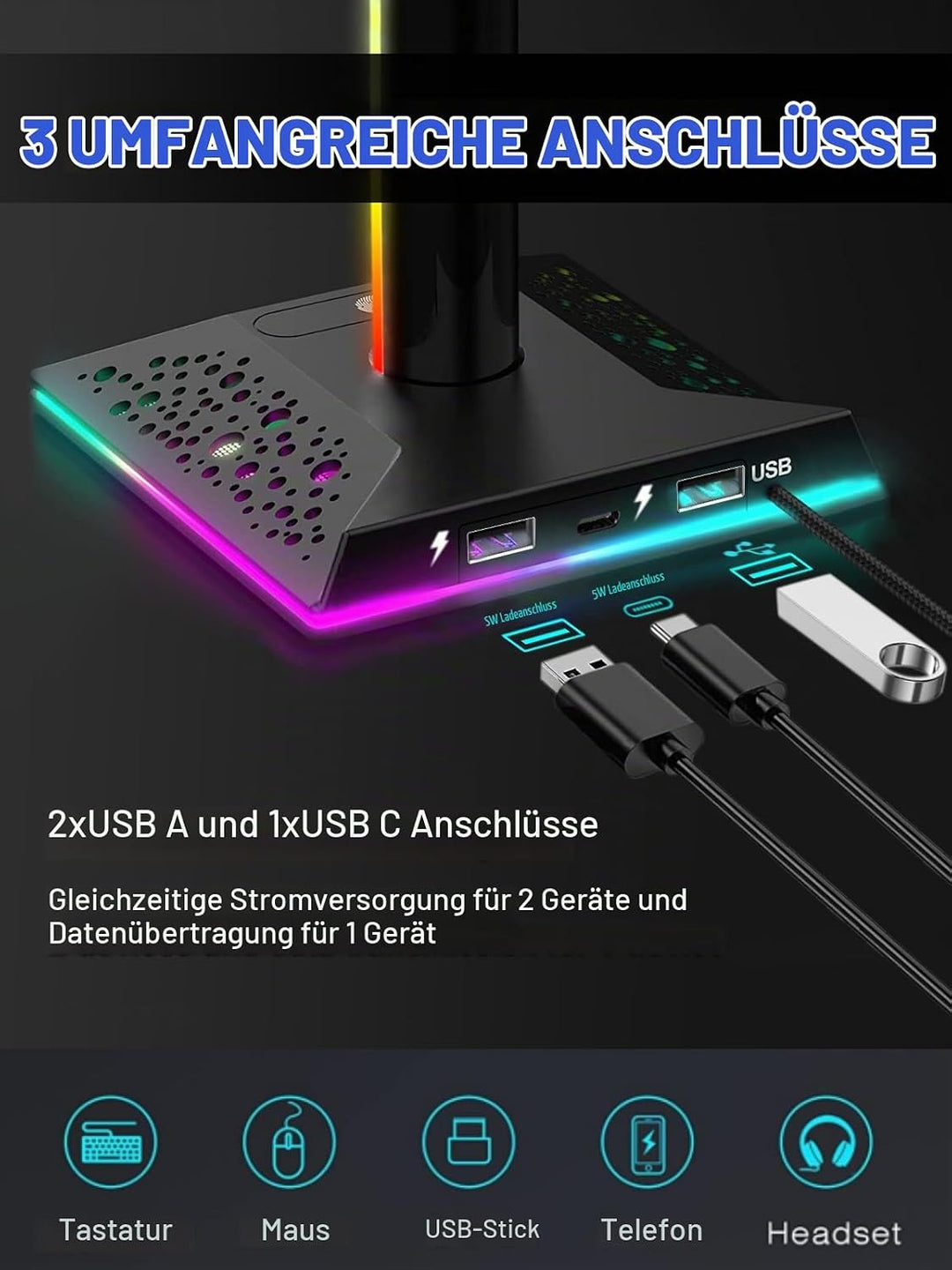 VCOM RGB Headset Halterung mit 2 USB- und 1 Typ-C-Anschluss, Gaming Zubehör Kopfhörer Ständer mit 10