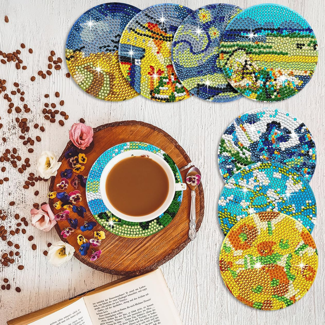 Muzagroo Art Van Gogh Diamond Painting Coasters Kits with Holder Coaster Art Kits for Beginners Diam