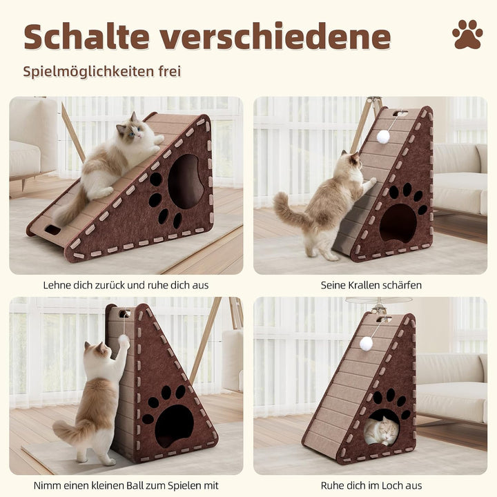 3-in-1Kratzbrett Katze für Katzen Kratzen Spielen Ausruhen, Filz Dreieck Katzenhaus, Leicht zu Reini