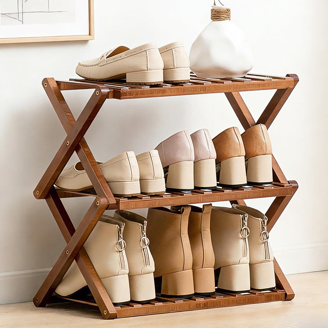 3 Ebenen Faltbares Schuhregal, Schuhregal Platzsparend Holz, Freistehendes Schuhregal für Eingangsbe