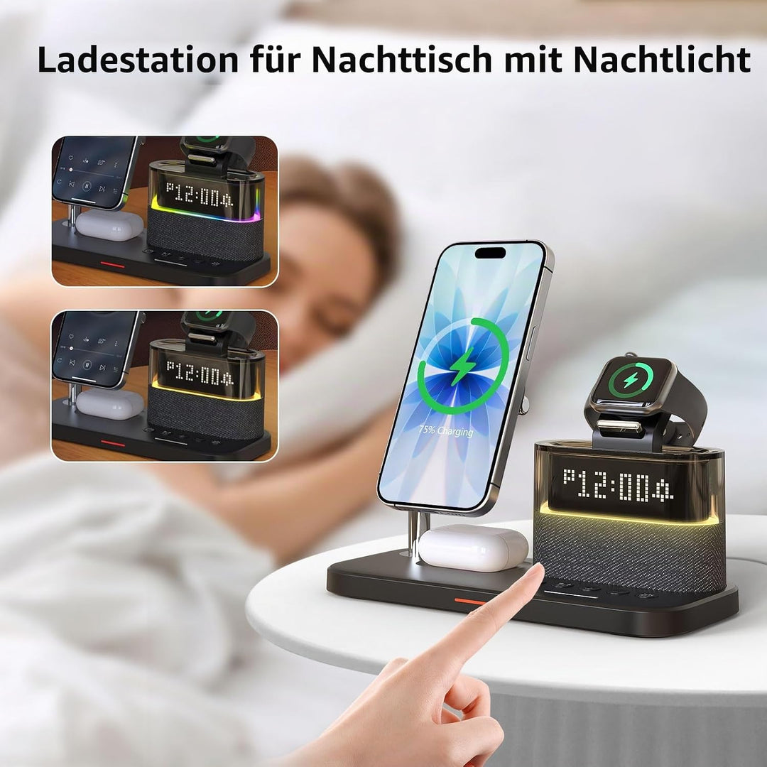 5-in-1-Kabellader mit Wecker, kabellose LadeStation mit Nachttischlampe kompatibel mit iPhone 17 16