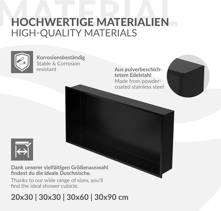 LuxeBath Wandnische aus Edelstahl, 60x30x10 cm, Schwarz, Duschnische mit Rahmen, Einbauregal, Flexib