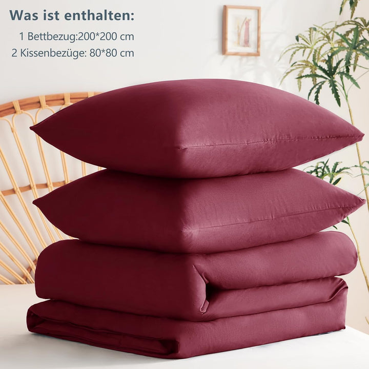 WAVVE Bettwäsche 200x200 3 teilig Weinrot Rot - Bettbezug 200 x 200 Set mit Kissenbezüge 80x80 cm, B