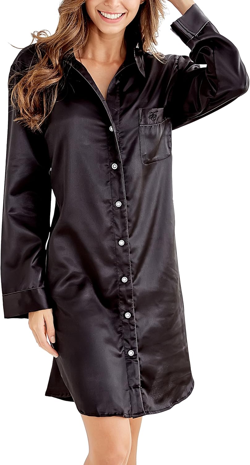 Nachthemd Damen, Satin Nachtkleid Langarm Nachtwäsche mit Knopfleiste Schlafhemd Freizeitkleidung Sc