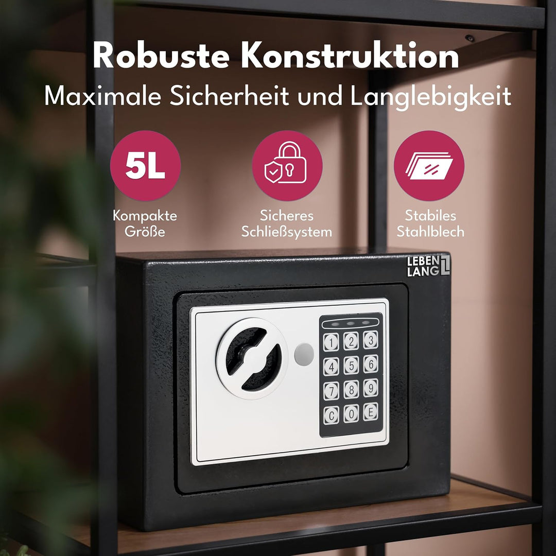 LEBENLANG 5L Safe Tresor für Zuhause - Inkl. Feuerfester Dokumententasche &amp; Notschlüssel I Schranktr