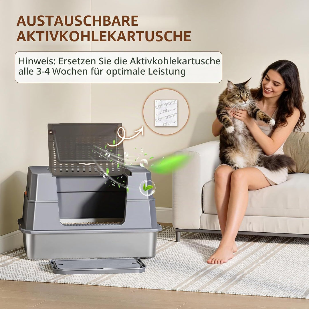 Edelstahl Katzenklo mit Deckel, XXXL Geschlossene Metall Katzentoilette, 70 x 50 x 45 cm, 105° Klapp