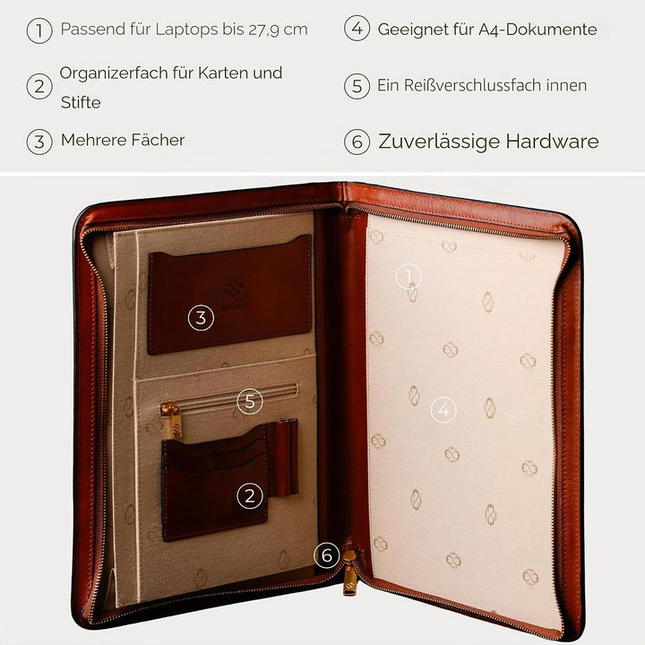 Leder Schreibmappe A4 - Konferenzmappe für Herren - Organizer Mappe - Stylische Aktenmappe - Cognac