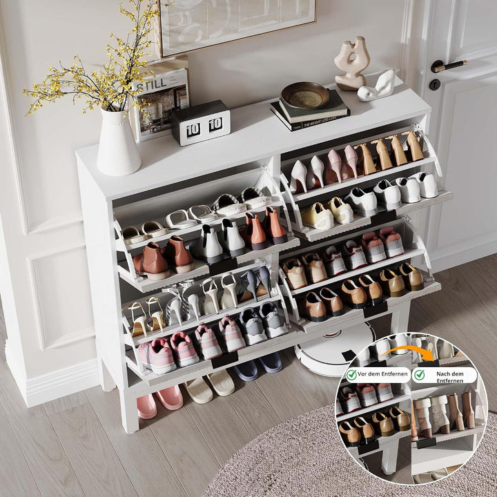 Schuhschrank Schmal, Schuhregal Mit 4 Klappen, Schuhkipper Mit Trennwände Verstellbar Und Abnehmbar,