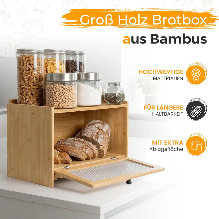 AH® Bambus Brotkasten holz mit Schneidebrett, Holz Brotkästen gross mit Belüftung- Elegant brotbox k