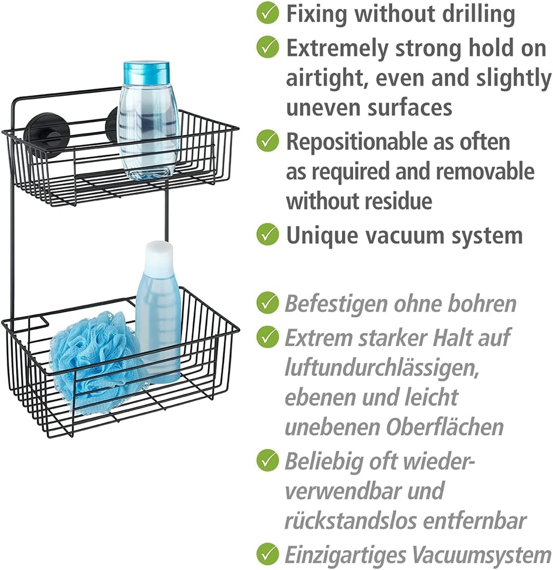 WENKO Wandregal 2 Etagen Mod. Bari Schwarz Vakuum-Befestigung ohne Bohren Duschablage modernes Badez
