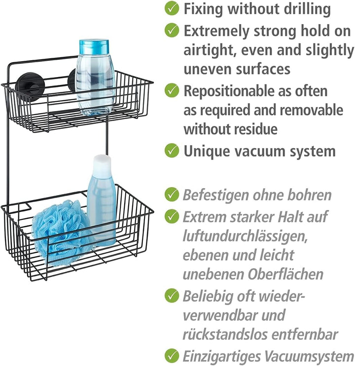 WENKO Wandregal 2 Etagen Mod. Bari Schwarz Vakuum-Befestigung ohne Bohren Duschablage modernes Badez