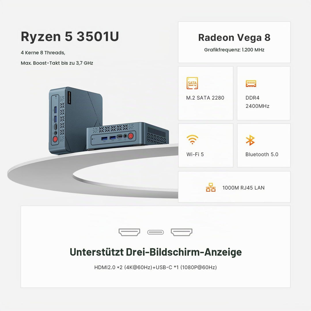 BOSGAME E2 Air 3501U Ryzen 5 Mini PC 8G DDR4 256G SATA SSD Triple Display | Mini-Desktop-PC mit bis