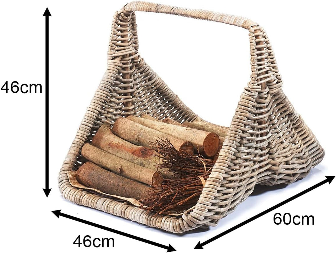 Kobolo Holztrage Holzkorb für Kaminholz - Rattan kubu grey - mit Leinenstoff und Henkel ausgestattet