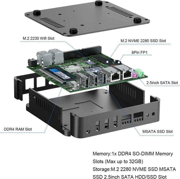 Lüfterloser Mini PC N100, Fanless PC Win 11 Pro, Alder Lake, 4K Dual HD, DP, 2xCOM, USB3.0, RJ45 Lan