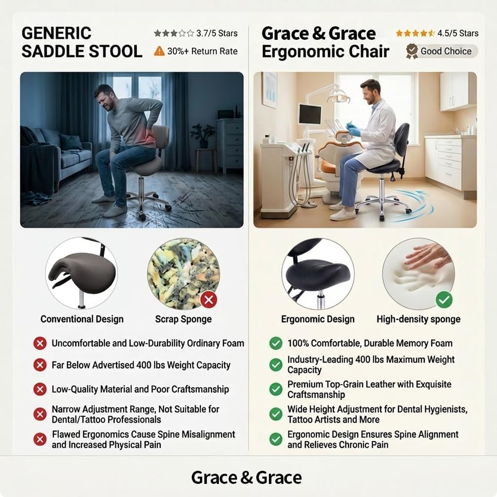Grace&Grace Sattelhocker Sattelstuhl Sattel Rollhocker Drehhocker mit Rollen Höhenverstellbar Arbeit