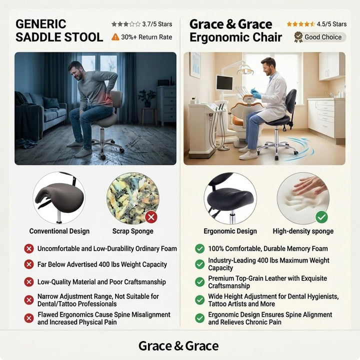 Grace&Grace Sattelhocker Sattelstuhl Sattel Rollhocker Drehhocker mit Rollen Höhenverstellbar Arbeit