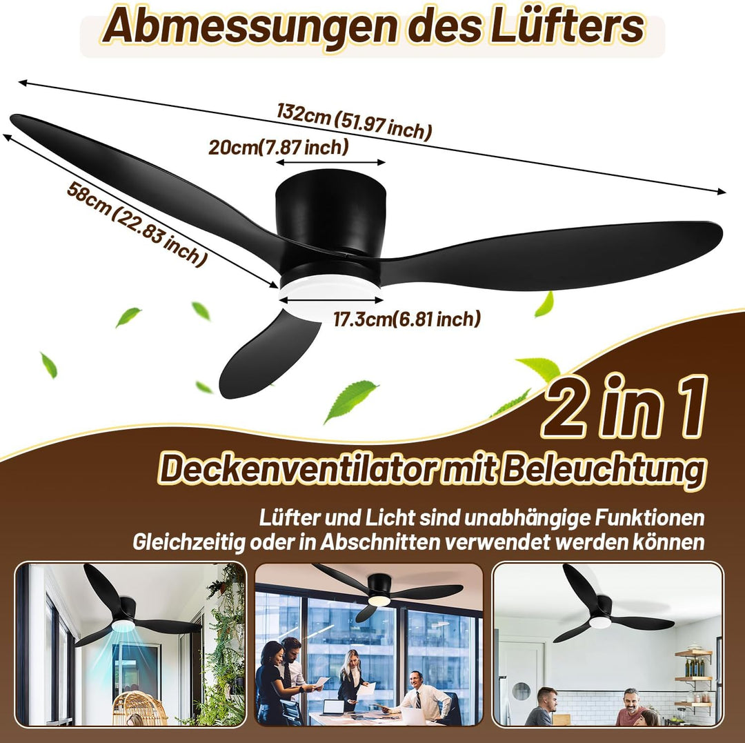 Deckenventilator mit Beleuchtung und Fernbedienung, Ø 132 cm Deckenlampe mit Ventilator dimmbar, 3 F