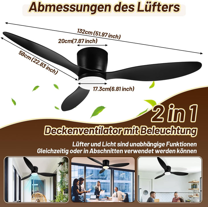 Deckenventilator mit Beleuchtung und Fernbedienung, Ø 132 cm Deckenlampe mit Ventilator dimmbar, 3 F
