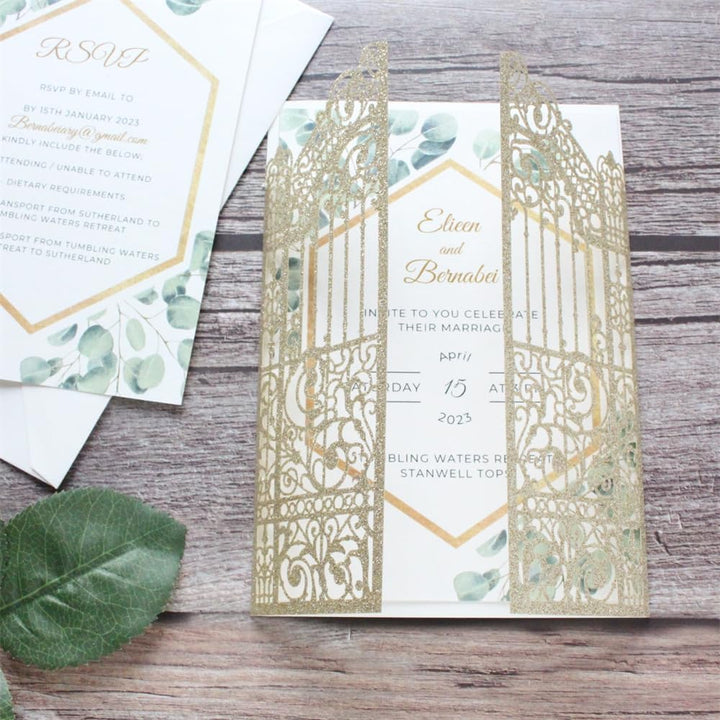 Goldene Hochzeitseinladungen funkelnde Gate Laser Design für Hochzeit Verlobung Meerjungfrau 25 Sets