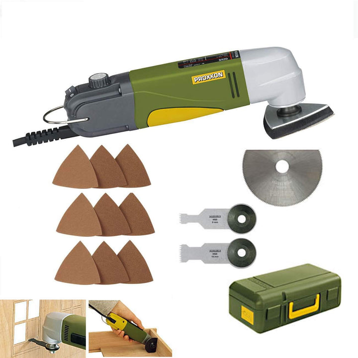 PROXXON Multitool/Eckenschleifer OZI/E Set - inklusive HSS-Trennblatt, Tauchsägeblatt 8 mm, Tauchsäg
