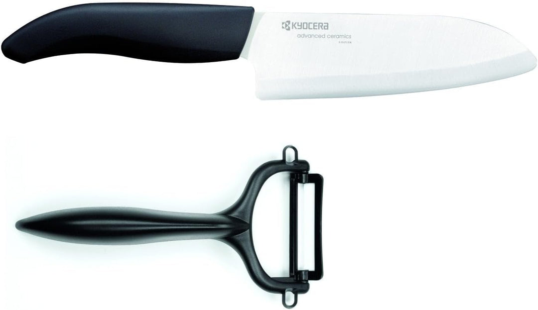 Kyocera Cut&Peel Set, Santokumesser (Klinge: 14 cm) mit Sparschäler, schwarzer Griff Schwarz Cut & P